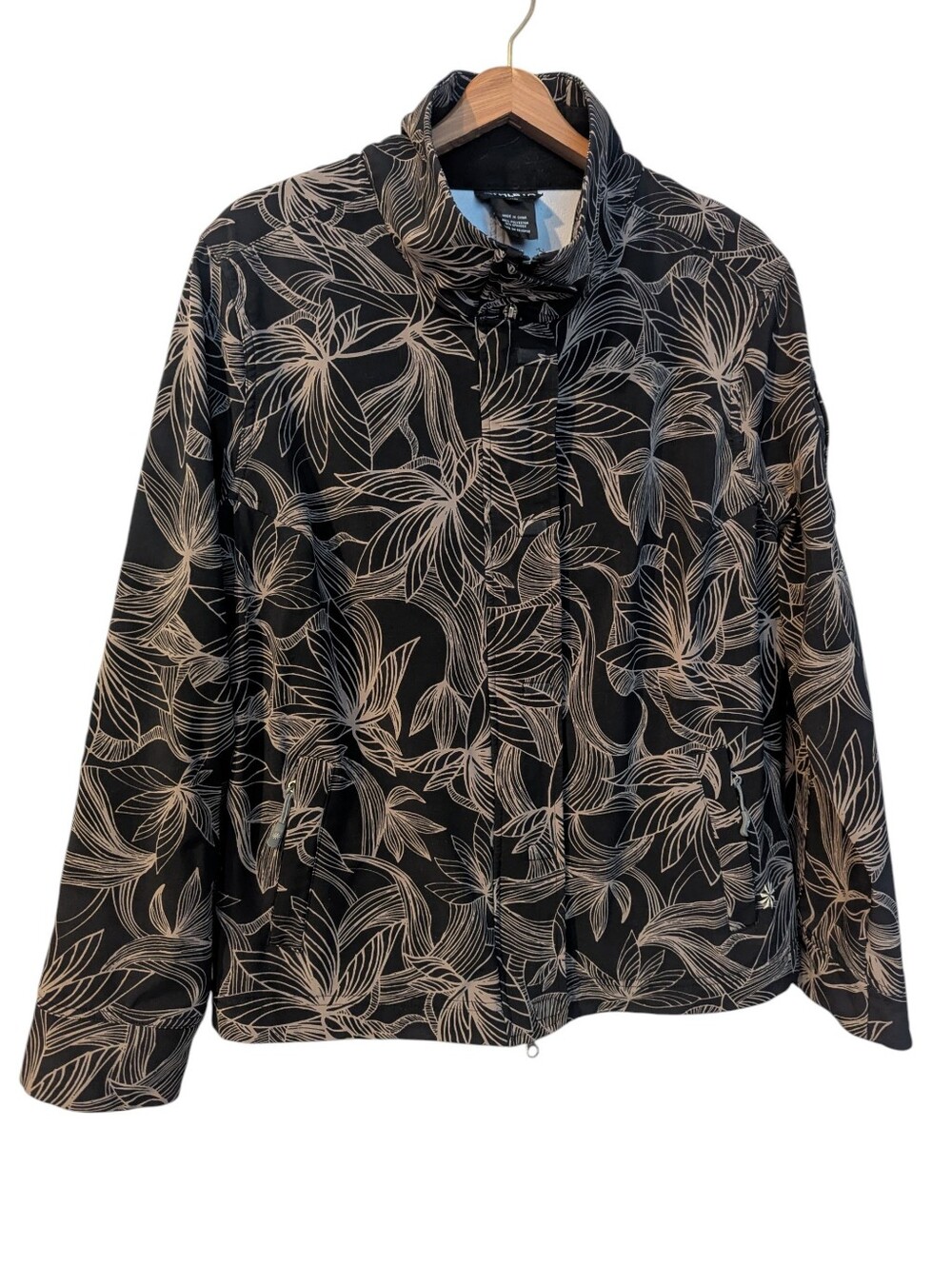 ATHLETA Odyssey Black Jacket with Tan/Taupe Botanical Print Size XL